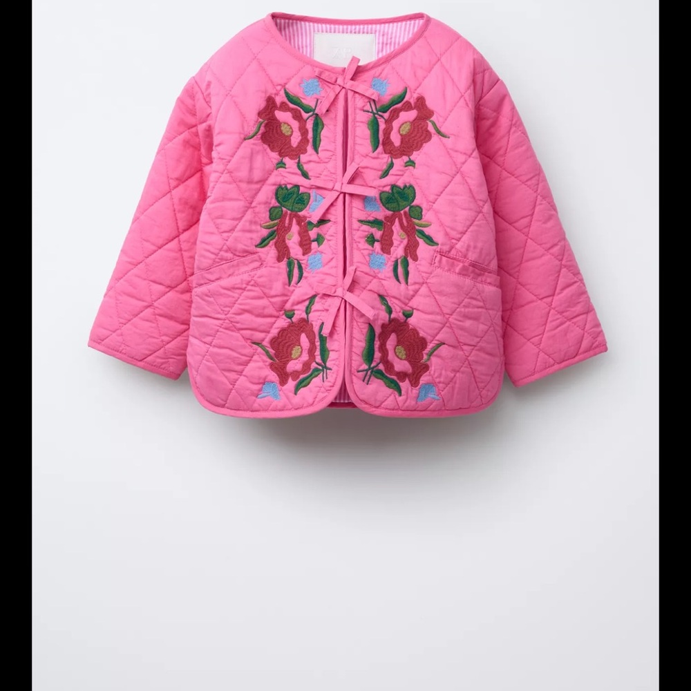 Floral Embroidered Pink Kids Jacket Puffer